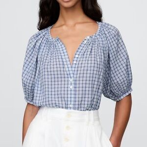 Blue and White Puff Sleeve Blouse with Buttoned Front